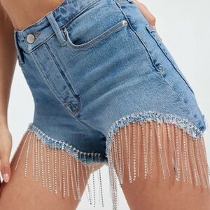 SOLD Good American Bombshell Embellished Rhinestones Fringes DenimShorts 0/25